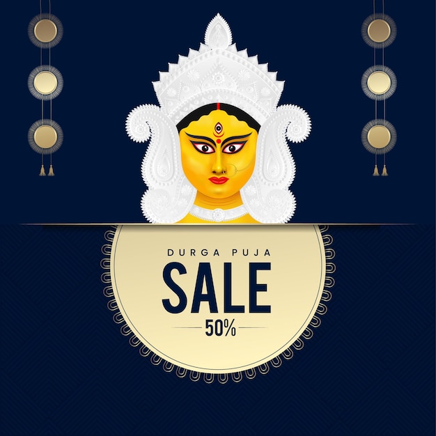 Happy Durga Puja Social Media Post . Maa Durga face gold color minimalist illustration