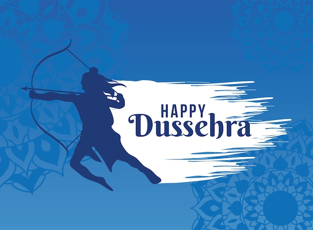 Carta di dussehra felice con silhouette che tiene un bown e una freccia