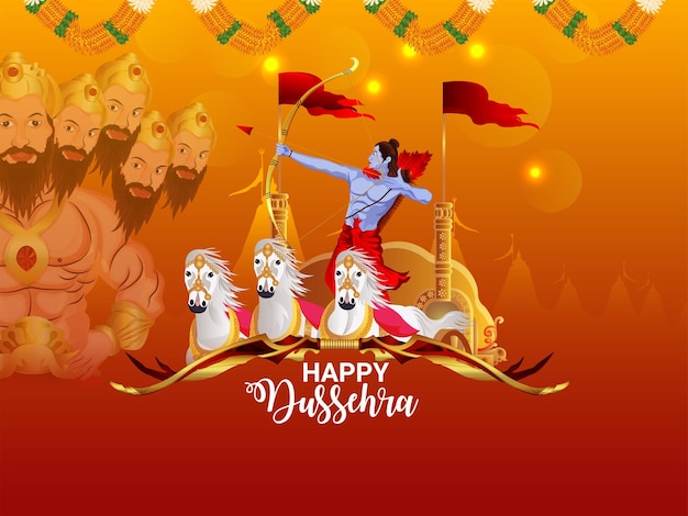 Happy dussehra celebration card lord rama killed ravana