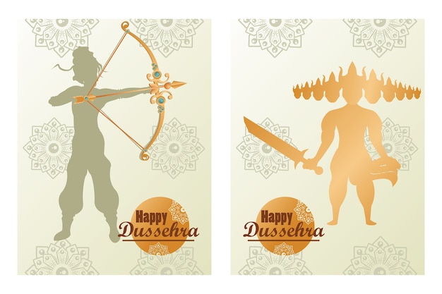 Scheda di celebrazione felice dussehra con l'ombra di dio rama e ravana dorata.