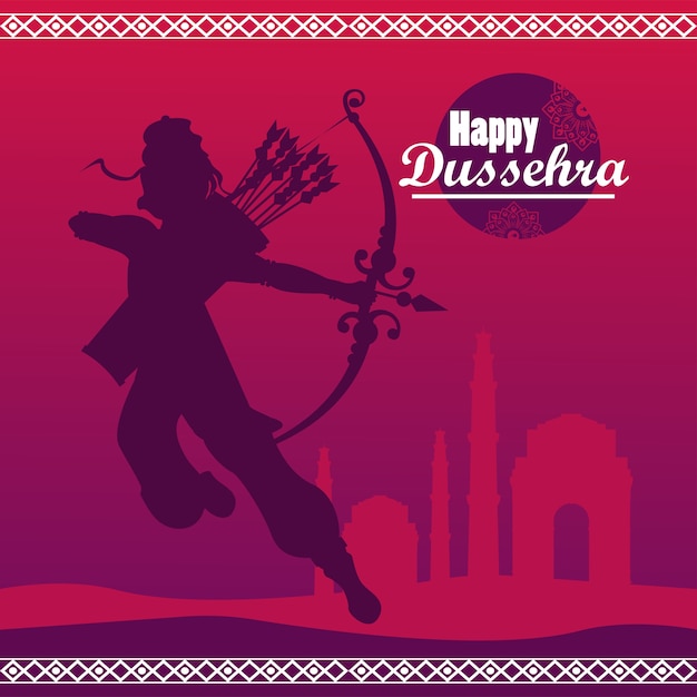 Happy dussehra celebration card with god rama shadow in purple background.