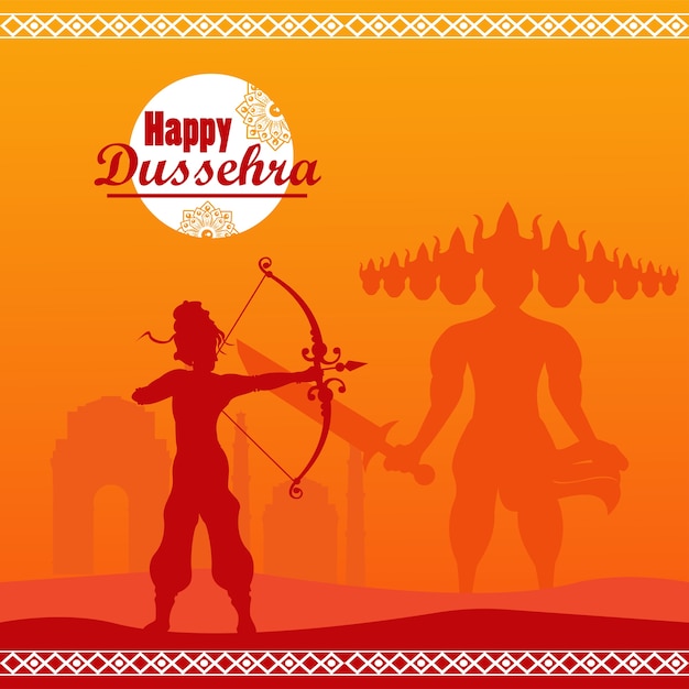 Happy dussehra celebration card with god rama shadow and ravana.