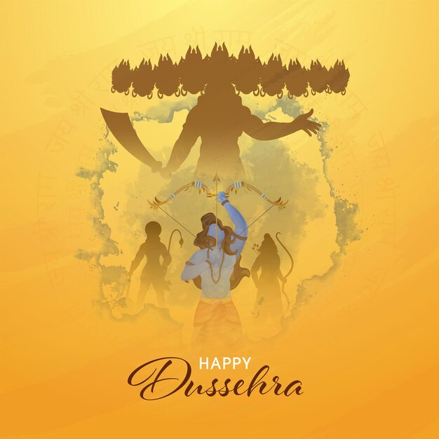 Happy Dussehra Celebration Concept With Battle Between Lord Rama And Demon Ravana Silhouette Hanuman Lakshmana Against Background