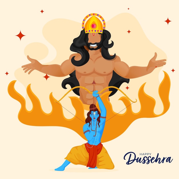 Концепция празднования happy dussehra с индуистским мифологическим лордом рамой, убивающим демона равану на заднем плане