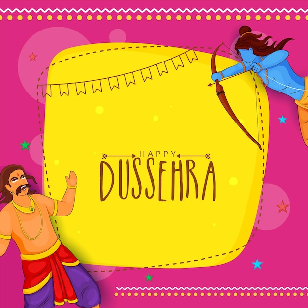 Концепция празднования happy dussehra с индуистской мифологией лорда рамы, нацеленного на демона равану на розовом и желтом фоне