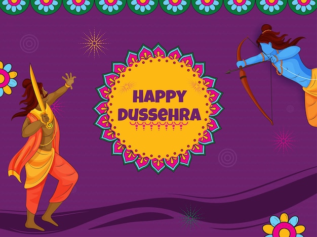 Felice concetto di dussehra con lord rama che combatte tra il demone o il re ravana su sfondo viola.