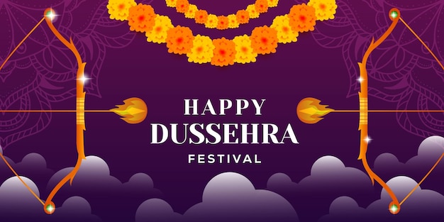 Illustrazione felice dell'insegna orizzontale del festival di dussehra con la freccia