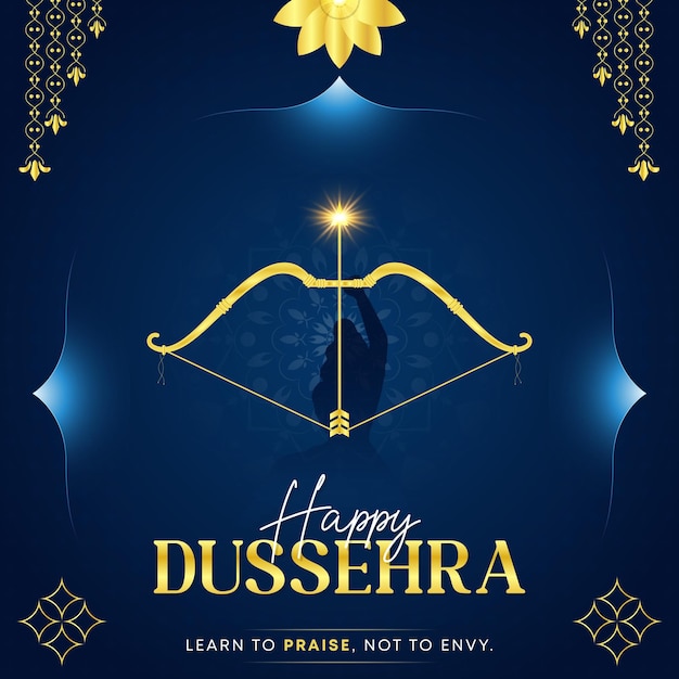 Happy Dussehra Festival Post Design with Temple and Bow Arrow Background