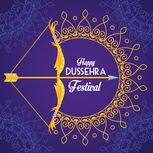 Вектор Плакат фестиваля happy dussehra с аркой и мандалами на фиолетовом фоне