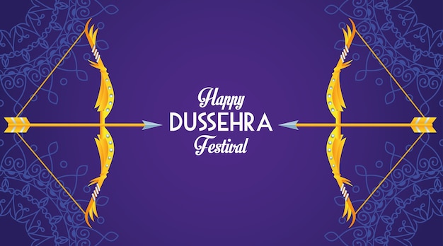 Manifesto felice del festival di dussehra con archi in sfondo viola