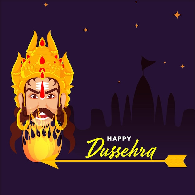 Шрифт Happy Dussehra с пылающей стрелой и демоном Раваной на фиолетовом силуэте храма или фоне Айодхьи