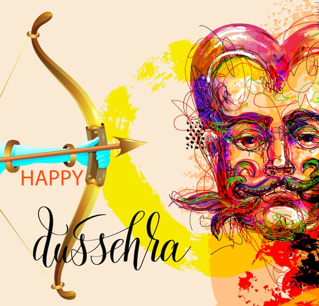 Happy dussehra poster design with a portrait of a demon who will be destroyed by the god krishna