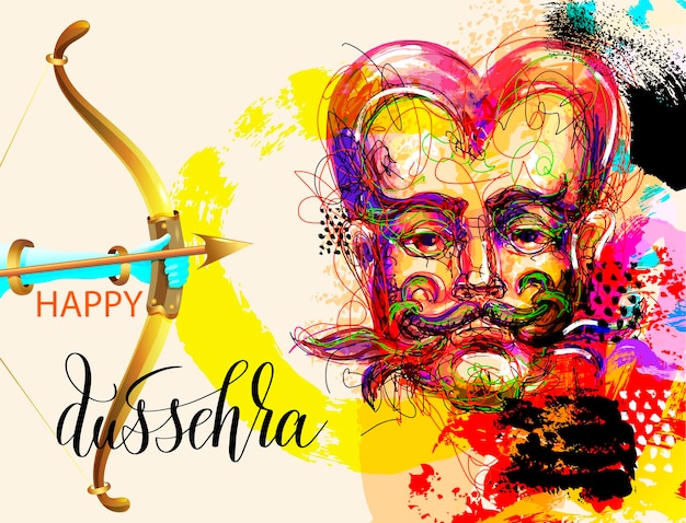 Felice poster design dussehra con il ritratto di un demone che verrà distrutto da