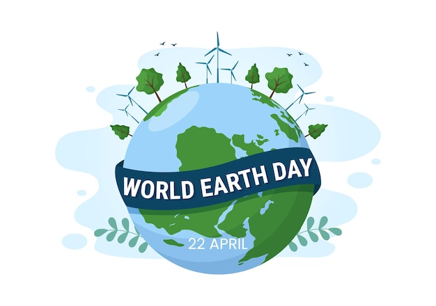 4 月 22 日の幸せな地球の日漫画手描きのテンプレートで世界地図環境とイラスト