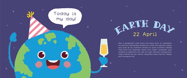 Vector happy earth day banner or copy space cute cartoon earth globe holding champagne