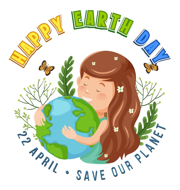 Vector happy earth day banner design with a girl hugging earth