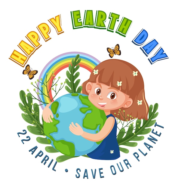 Vector happy earth day-bannerontwerp met een meisje dat de aarde knuffelt