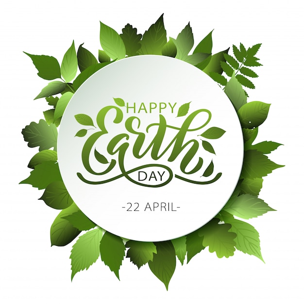 Vector happy earth day belettering met bladeren