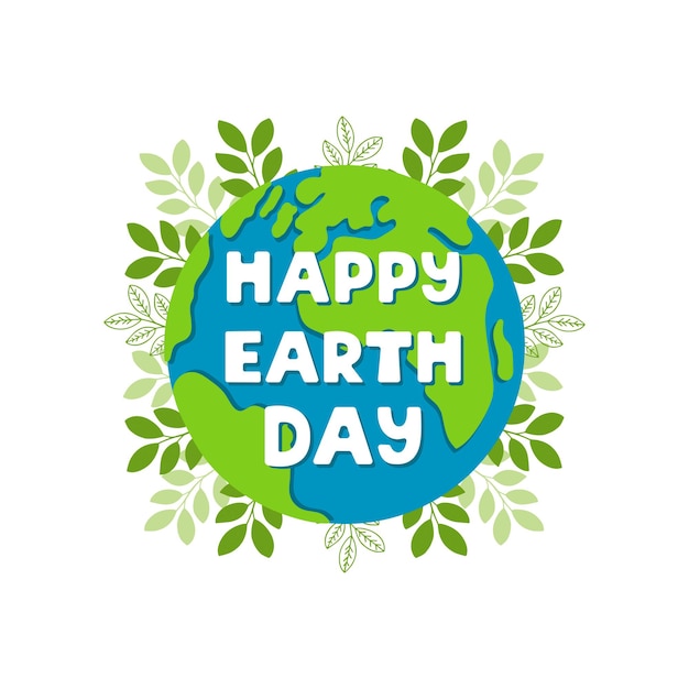 Happy earth day bright colorful illustration with lettering and plants on white background