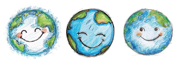 Vector happy earth day card scribble of a cute earth with smiling face