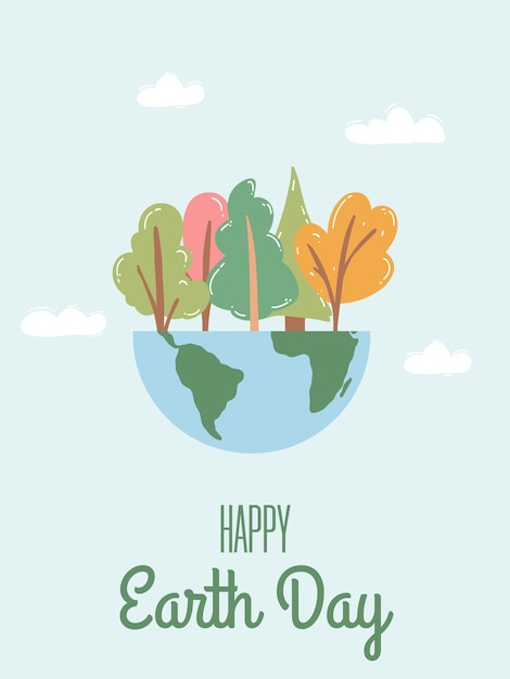 Vettore happy earth day concetto di prendersi cura dei problemi ambientali della natura e della protezione ambientale illustrazione vettoriale del pianeta con alberi per la giornata internazionale della madre terra