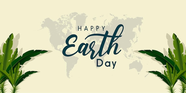 Vector happy earth day ecology concept design with globe map drawing and leaves on light brown background