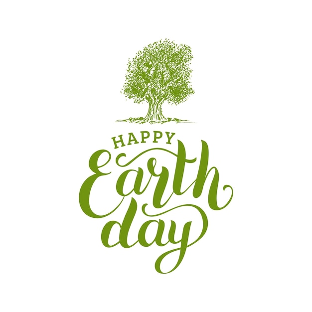 Vector happy earth day hand lettering. vector tree illustration for greeting card, poster, etc.