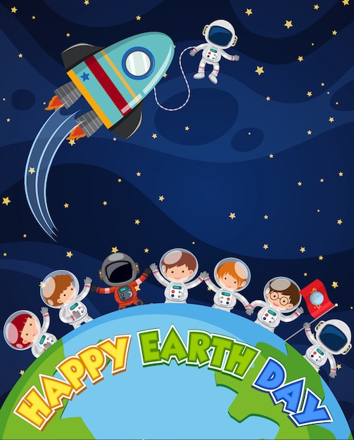 Vector happy earth day poster design with astronauts on earth