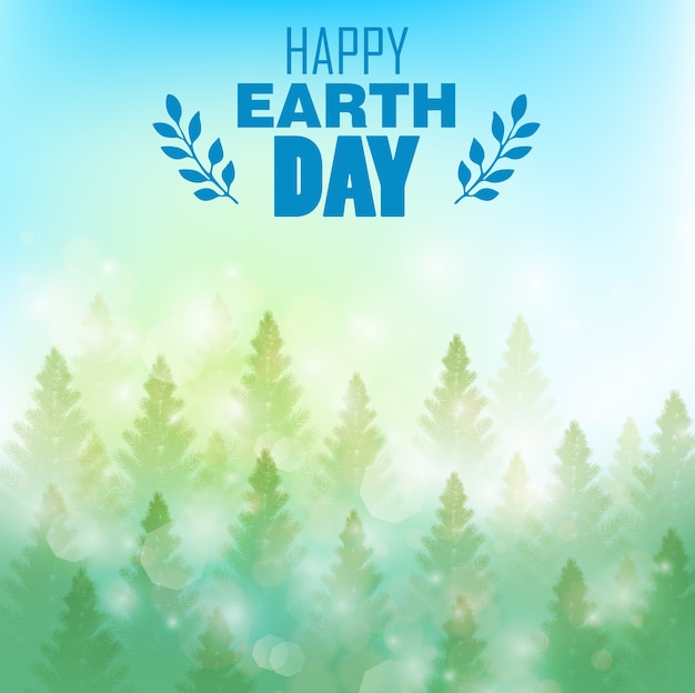 Happy earth day poster with beautiful pine forest background