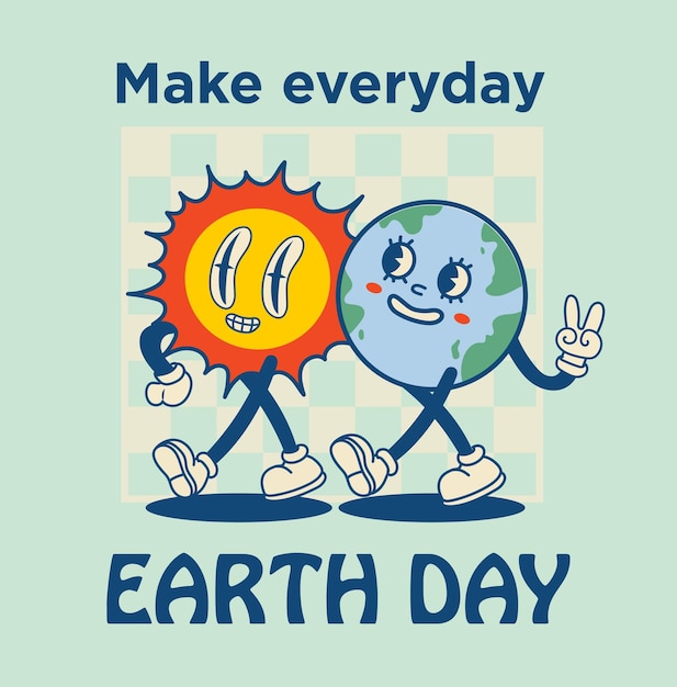 Happy Earth Day retro card with slogan Vintage nostalgia cartoon planet mascot character with smiling face Globe with peace hand gesture Environment friendly recycle concept