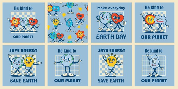 Happy Earth Day retro kaarten met slogan Vintage nostalgie cartoon planeet mascotte karakter met lachend gezicht Globe met vrede handgebaar Milieuvriendelijk recycle concept