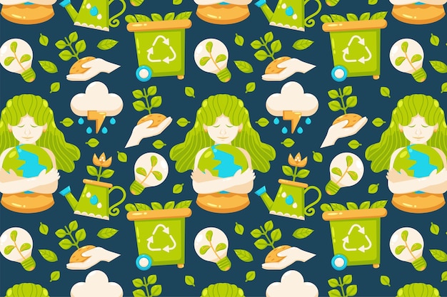 Happy earth day vrouwen die de aarde omhelzen en planten water geven lichten regen en prullenbakpatronen op