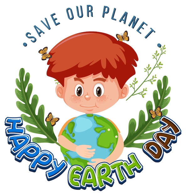 Vector happy earth day with a boy holding earth globe