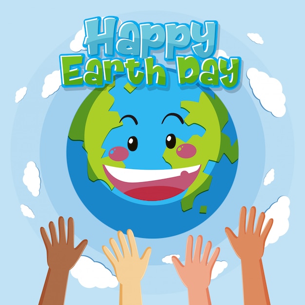 Vector happy earth day with human hands and happy earth