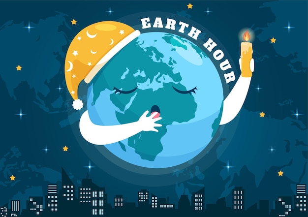 Happy Earth Hour Day Illustratie met wereldkaart en tijd om uit te schakelen in slaap Handgetekende sjablonen