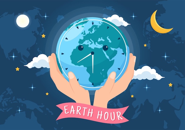 Vettore illustrazione di happy earth hour day con mappa del mondo e tempo per spegnere i modelli disegnati a mano del sonno