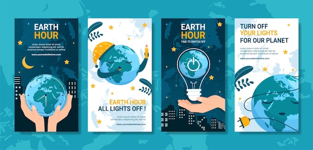 Happy Earth Hour National Day Social Media Stories Flat Cartoon Hand Drawn Templates Illustration