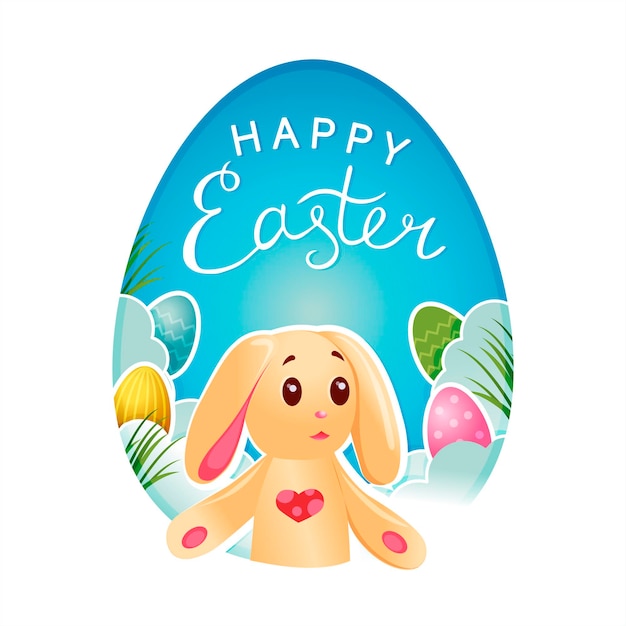 Happy Easer-kaart met uitgesneden ei silhouet schattig konijntje en gekleurde eieren Blauwe achtergrond Eps 10