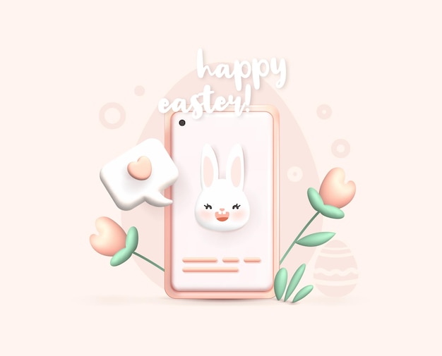 Vettore buona pasqua 3d design smartphone rosa realistico con messaggio faccia di coniglio e fiori biglietto di auguri