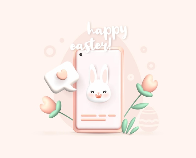 Happy easter 3d design realistic pink smartphone with bunny face message and flowers greeting card