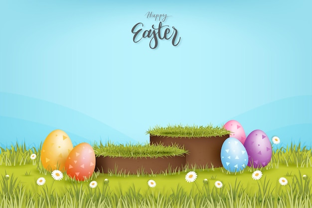 Vector happy easter 3d stage podium mockup with colorful eggs in springtime garden for product placement, vector illustration