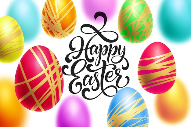 Happy easter background template with lettering with colorful eggs.