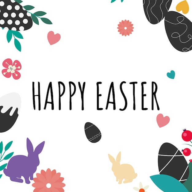 Вектор Счастливый пасхальный фон с кроличьими сердцами, яйцами и цветами, белый фон