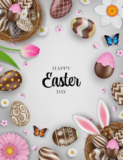 happy easter background with chocolate eggs in the nests, flowers and butterflies