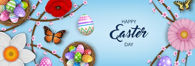 Happy easter background with decorated eggs in the nest flowers and butterflies