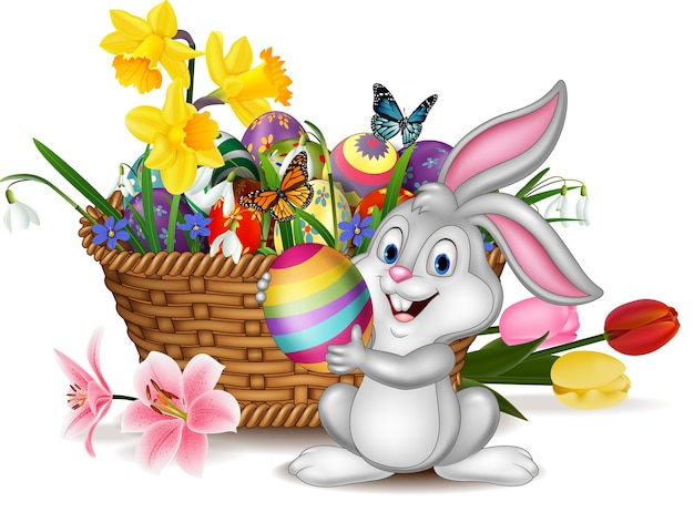 Happy Easter background with rabbit holding an Easter egg
