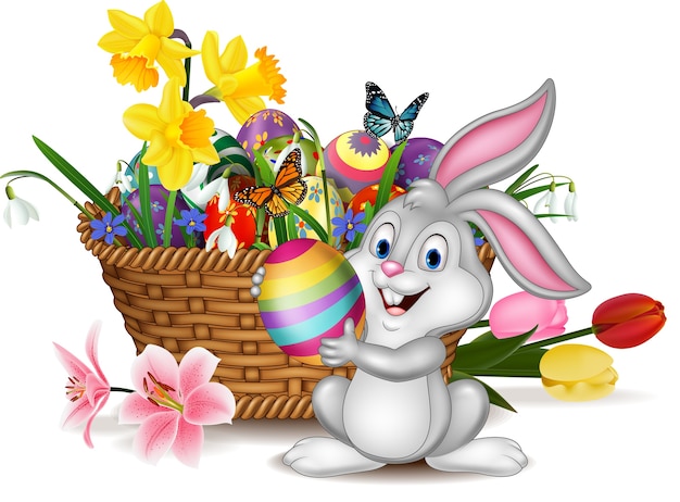 Happy easter background with rabbit holding an easter egg