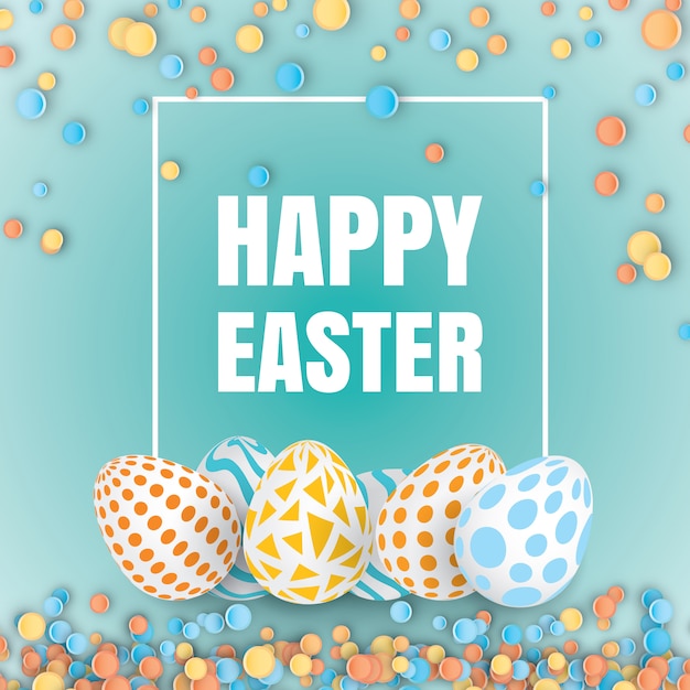 Happy easter background with realistic decorated eggs. greeting card