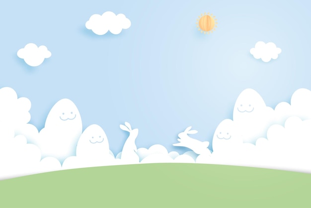 Happy Easter backgroundPaper art of easter eggs and rabbit with cloud shape on blue sky backgroundBanner template designVector illustration