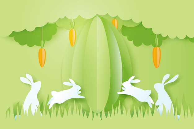 Vector happy easter backgroundpaper art of easter eggs and rabbit with egg shapebanner template designvector illustration